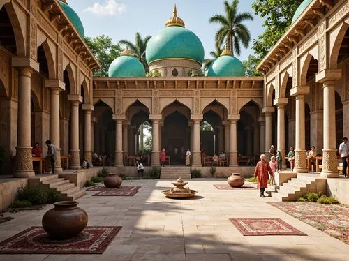 Ancient cultural heritage site, intricately carved stone monuments, regionalist architecture style, vibrant turquoise domes, ornate golden details, majestic archways, imposing stone columns, rustic ea