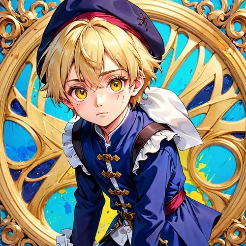 a teenage boy with blond hair ,leo,sailor,merlin,admiral,alibaba,violet evergarden,darjeeling,nautical star,alexander,alice,admiral von tromp,nelore,delta sailor,portrait background,victor,anchor,ring