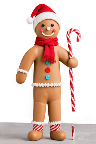 Cute gingerbread man, sweet facial expression, rounded eyes, smiling face, white icing hat, colorful buttons on chest, red scarf around neck, holding candy cane, standing with one leg bent, festive at