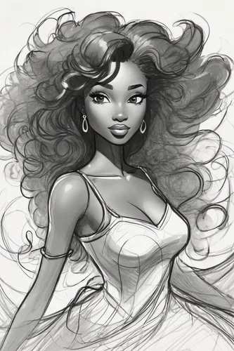 tiana,jasmine,moana,african american woman,starfire,brandy,sketch,graphite,lineart,black woman,girl drawing,nigeria woman,polynesian girl,fashion sketch,afro,line art,merida,jasmine blossom,jasmine bush,coloring page,Illustration,Black and White,Black and White 08