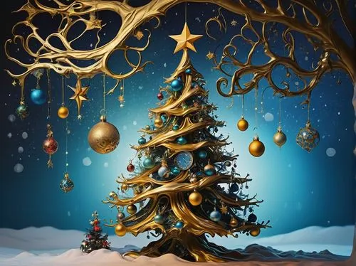 Surreal Christmas tree, Salvador Dali inspired, melting ornaments, distorted shapes, vibrant colors, eerie lighting, misty atmosphere, snowflakes gently falling, branches twisted like a dream, present