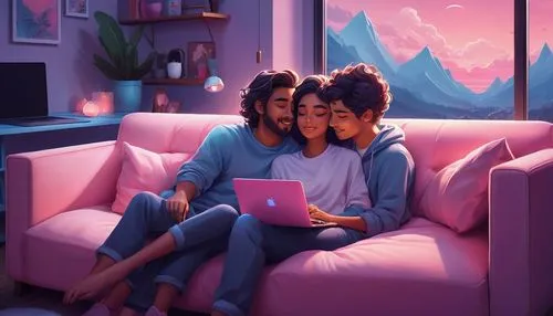 Cozy love lounge, Discord server background, warm ambient lighting, comfortable modern sofas, soft cushions, pastel pink and blue hues, heart-shaped decorations, lovely couple snuggled up together, la