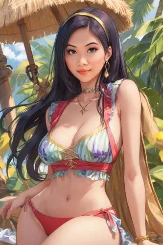 mai tai,moana,hula,mulan,luau,aloha,maya,beach background,polynesian girl,lei,pi mai,polynesian,oriental princess,siu mei,summer background,hawaiian,nami,asian woman,pocahontas,maui,Digital Art,Anime