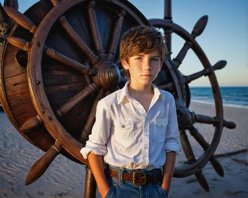 Carl, young boy, pirate style, solo, (12yo), bright blue eyes, one eye patch, messy brown hair, freckles on nose, casual white shirt, dark blue jeans, brown boots, leaning against old wooden ship whee