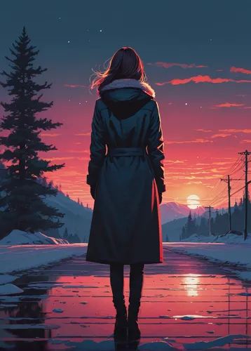 red coat,winter background,girl walking away,dusk background,winter dream,dusk,wanderer,parka,winter,coat,red sky,long coat,before the dawn,winter clothing,winter mood,digital painting,to be alone,winter clothes,daybreak,dawn,Conceptual Art,Fantasy,Fantasy 32