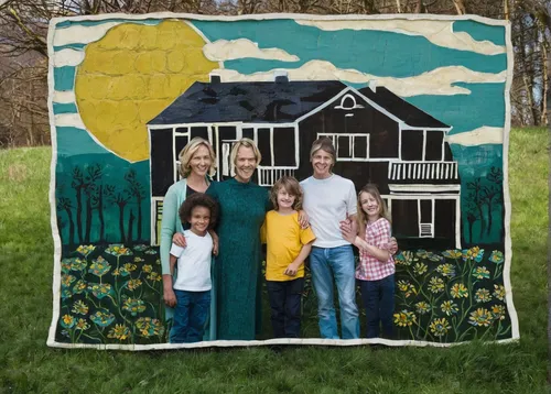 Stock photo of a family holding a cutout of a house with the sun shining through it.,quilt barn,family home,pictures on clothes line,birch family,scarecrows,hemp family,frisian house,quilt,arrowroot f