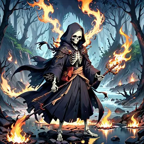 grimm reaper,grim reaper,reaper,necromancer,undead warlock,witchfinder,occultist,lich,witchdoctor,death god,danse macabre,halloween background,skulduggery,cultist,swain,witchfire,garrison,flickering flame,raistlin,fire background,Anime,Anime,Realistic