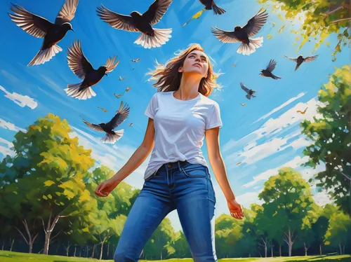 flying dandelions,flying birds,dandelion flying,birds love,world digital painting,birds flying,flying seeds,flock of birds,be free,chasing butterflies,the birds,bird flight,freedom from the heart,birds,flying girl,butterflies,freedom,butterfly background,birds in flight,oil painting on canvas,Conceptual Art,Oil color,Oil Color 08