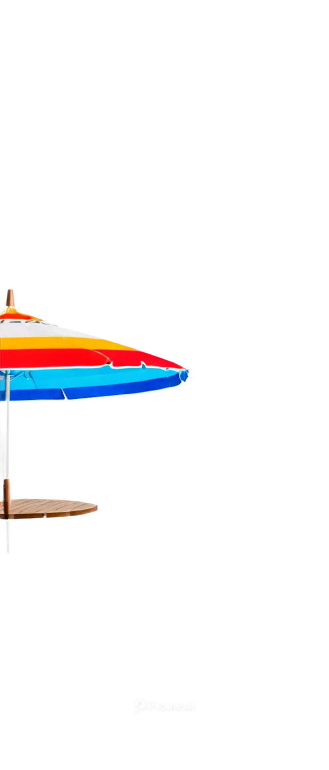 Beach umbrella, colorful stripes, metal pole, wooden handle, open umbrella, wind-blown shape, sandy beach, summer season, bright sunlight, 3/4 composition, shallow depth of field, warm color tone, cin