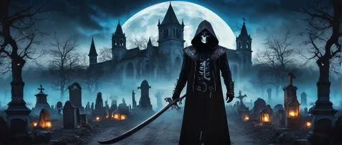 grim reaper,scythe,grimm reaper,mortuary temple,halloween poster,hooded man,gothic,gothic style,haunted cathedral,gothic woman,necropolis,dance of death,mystery book cover,shinigami,dark art,quarterstaff,castle of the corvin,slender,swordsman,dark gothic mood,Photography,Artistic Photography,Artistic Photography 07