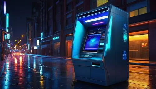 Modern ATM machine, futuristic design, sleek metallic body, glowing blue LED lights, touchscreen interface, card slot, keypad, deposit/withdrawal slots, Java-based software system, complex circuit boa