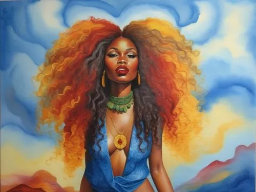  nude Beautiful nigerian girl, full dark curly hair, big dark almond eyes, full red lips, misty sky,a painting of a woman wearing a bikini in front of clouds,badu,amerykah,ledisi,oshun,african america