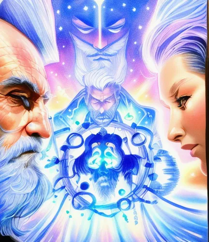 old bearded man's face in profile on left, young woman's face in profile on right, mystical man with magic around his hands in the middle, a powerful being is looming over all of them.,father frost,di