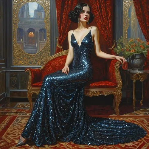 hildebrandt,elegante,odalisque,evening dress,follieri,art deco woman,Illustration,Realistic Fantasy,Realistic Fantasy 03