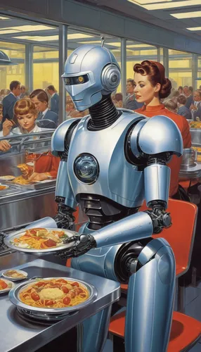 Imagine a futuristic robot serving food in a high-tech cafeteria.,robots,retro diner,cybernetics,robotics,automation,machine learning,artificial intelligence,sci fiction illustration,robot,automated,m