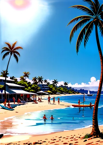 beach landscape,umbrella beach,tropical beach,beach scenery,paradise beach,waikiki beach,caribbean beach,dream beach,beautiful beach,waikiki,cartoon video game background,hawaii,summer background,palmilla,hawai,beach background,brazilian beach,lanikai,mountain beach,beautiful beaches,Illustration,Retro,Retro 12