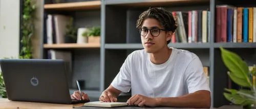 UC San Diego, architecture major, male student, 20yo, casual wear, white T-shirt, dark jeans, sneakers, backpack, laptop, notebook, pencil case, sitting, library, wooden desk, greenery, natural light,