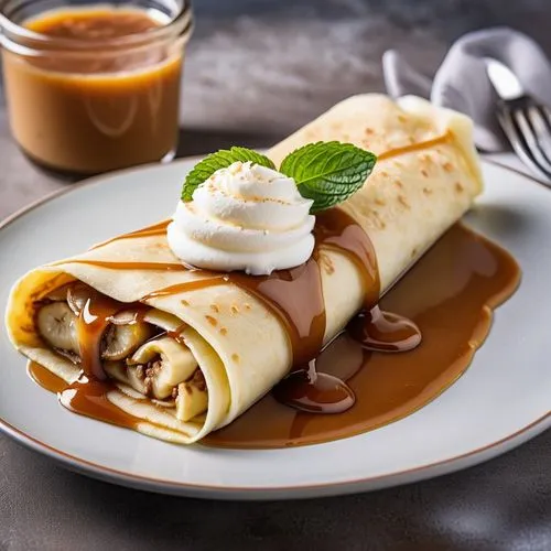 Crepe de Banana com Doce de Leite
Um crepe delicioso, recheado com bananas fatiadas e doce de leite. O crepe está enrolado, com o recheio visível nas extremidades e levemente caramelizado por fora. Se