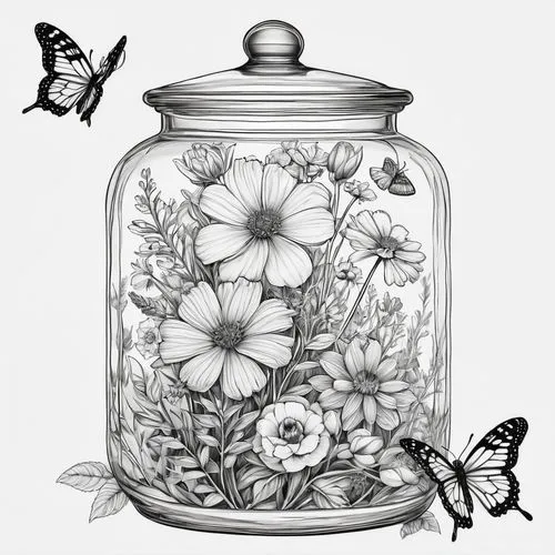 glass jar,butterfly clip art,empty jar,honey jar,candy jars,butterfly floral,Illustration,Black and White,Black and White 08