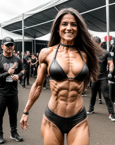 she is smiling Her body is beautiful muscle,   she is focused on the race,metal rock festival,fitness and figure competition,muscle woman,zurich shredded,shredded,body building,body-building,bella kuk