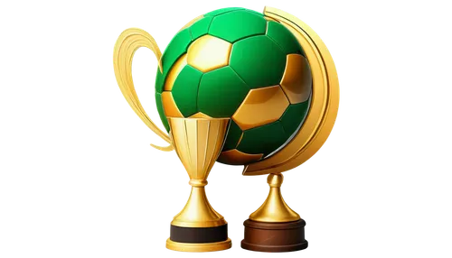 Soccer ball, golden trophy, circular shape, bold font, dynamic movement, speed lines, green grass texture, stadium lights reflection, metallic material, 3D effect, low-angle shot, dramatic lighting, v