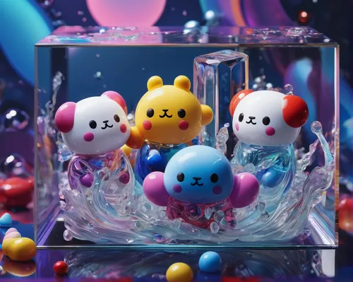 Develop an emotional scene where BT21 characters work together to overcome a challenge.,colorful water,pixaba,bath balls,liquid bubble,bath ball,cube sea,water balloons,kawaii animals,round kawaii ani