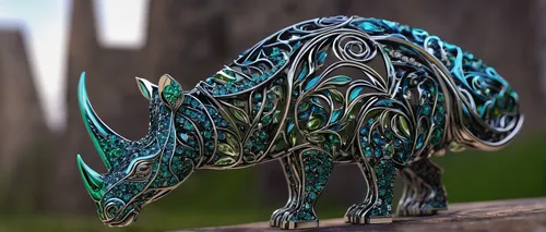 Generate an intricate jewelry design using Rhino3D,tribal bull,blue elephant,rhinoceros,straw animal,lawn ornament,triceratops,uintatherium,rhino,glass yard ornament,kelpie,3d model,black rhinoceros,i