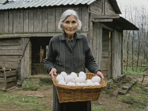 Elderly woman with grey hair standing in a chicken house, holding basket, collecting fresh eggs, Japan - 1174-4760,goose eggs,eggs in a basket,free-range eggs,picking vegetables in early spring,fresh 