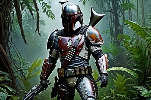 boba fett,alien warrior,predator,boba,mercenary,nova,knight armor,assassin,ranger,droid,spartan,patrols,grey fox,lone warrior,rabihorcado,darth talon,strawberries falcon,armor,templar,fantasy warrior,Conceptual Art,Oil color,Oil Color 18