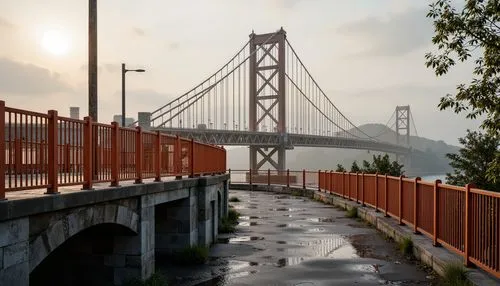 Rustic steel bridges, weathered wooden piers, sturdy concrete foundations, textured stone abutments, durable asphalt roadways, modern cable-stayed systems, sleek metal railings, vibrant orange safety 