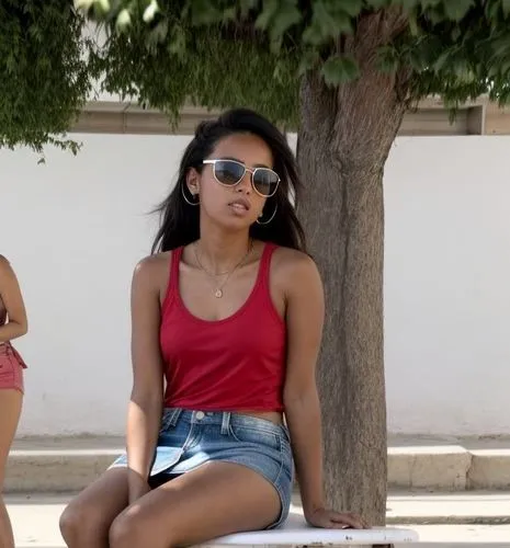 The Moroccan girl is sitting on a bench in the street.  She wears sunglasses, sneakers, a short denim skirt and a red tank top.  There are more people walking in the street,malia,nahri,bermudas,eritre