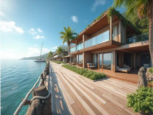 3d rendering,house by the water,oceanfront,wooden decking,beachfront,renderings,shorefront,seaside view,holiday villa,floating huts,render,tropical house,luxury property,dunes house,ocean view,decking,oceanview,over water bungalow,waterfront,3d rendered,Photography,General,Realistic