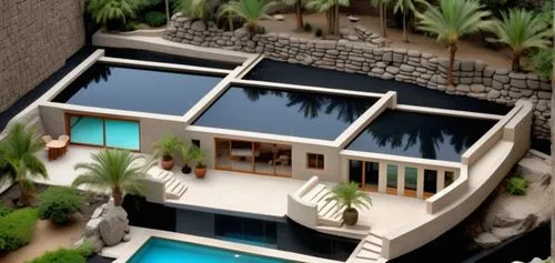 Volcanic stone walls, with stone or black sand floors, with blue sky, palm trees and trees in the courtyard below. Light-coloured interior and small furniture.,aerial view of a house and its swimming 