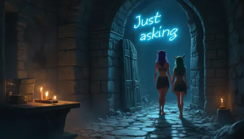 Two women walk out a door.,two girls standing in front of a doorway with candles,finding,luring,forgetting,wishing well,sundering,riddling