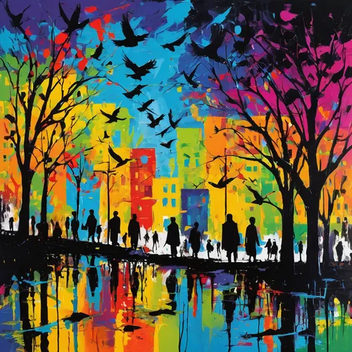 art painting,colorful city,colorful tree of life,oil painting on canvas,acrylic paint,colorful birds,art paint,colorful background,acrylic paints,colorful life,bird painting,background colorful,flock of birds,vibrant color,glass painting,fabric painting,boho art,harmony of color,abstract painting,vibrant,Art,Artistic Painting,Artistic Painting 42