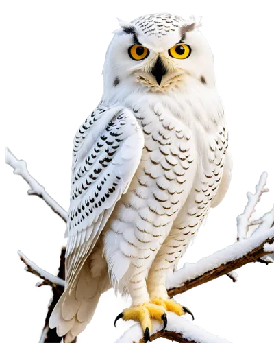 Snowy owl, solo, white feathers, yellow eyes, sharp talons, perched on branch, frosty winter scene, soft snowflakes falling, subtle mist effect, cinematic lighting, shallow depth of field, 3/4 composi