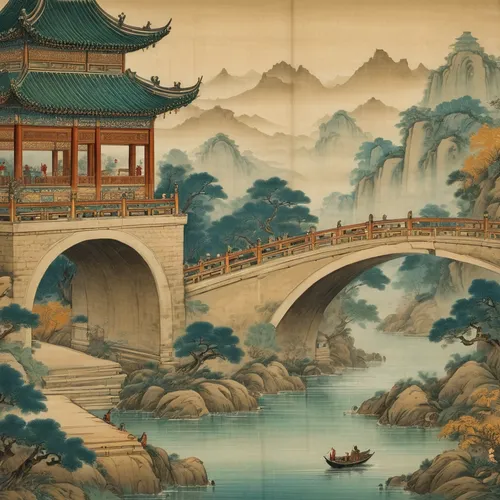 A scroll from a view of a historical Chinese towel and the beauty and splendors of majestic architecture and Asian bridge structures. The scroll original hues is dulled, with shades of off-white, beig