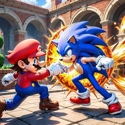 sonic the hedgehog,super mario brothers,game illustration,game characters,game art,action-adventure game,battle,duel,fighting poses,clash,fist bump,sega,mobile video game vector background,historical battle,cg artwork,digital compositing,friendly punch,battle gaming,sword fighting,cartoon video game background,Anime,Anime,General