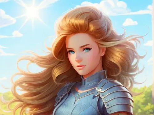 the painting shows a beautiful blonde girl in armor,rosalina,kamille,rafaela,allura,diana,janna,Common,Common,Cartoon