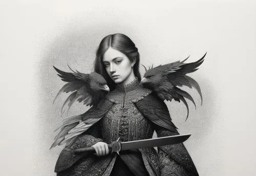 a girl wearing a bird outfit holding a sword,swath,swordswoman,dawnstar,arya,catelyn,ravenloft,Illustration,Black and White,Black and White 09