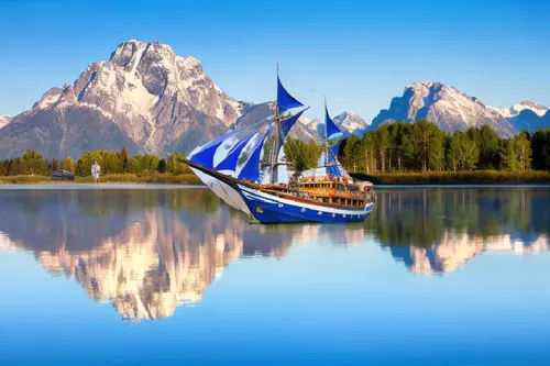 a ship sitting in the middle of a lake,argentine patagonia,lake misurina,boat landscape,sailing boat,sailing boats,sail boat