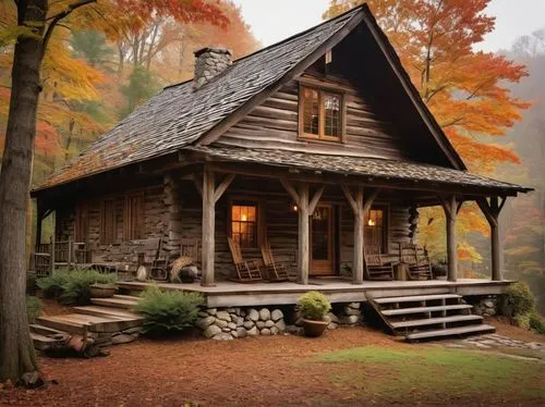 Rustic Appalachian cabin, wooden structure, stone chimney, metal roof, overhanging eaves, wrap-around porch, wooden rocking chairs, lanterns, vines crawling up walls, surrounded by dense forest, foggy