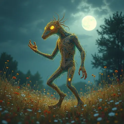 In a desolate meadow glistens in the soft soft light, a manic miner stands tall and proud. Its body is swirling, pulsating meadow filled with wildflowers and tall grass. Its head reaches out to reach 