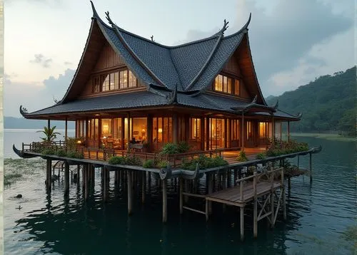 32k photo-realistic, high definition, hyper-realistic Rumah Panggung (traditional stilt house) combined with the stately design of a Victorian mansion. The raised wooden structure is modernized with V