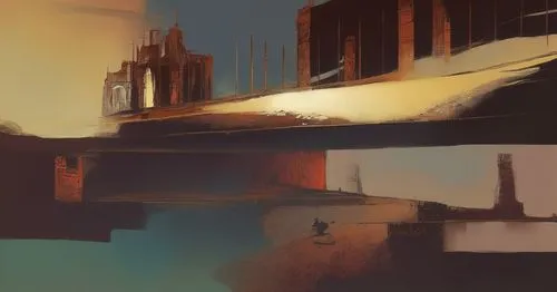 a picture of a person crossing a bridge,studies,roofs,overpainting,environments,rooflines,steeples,warehouses,rusty stuff,buildings,crypts,spires,study,monoliths,painterly,city scape,ancient buildings