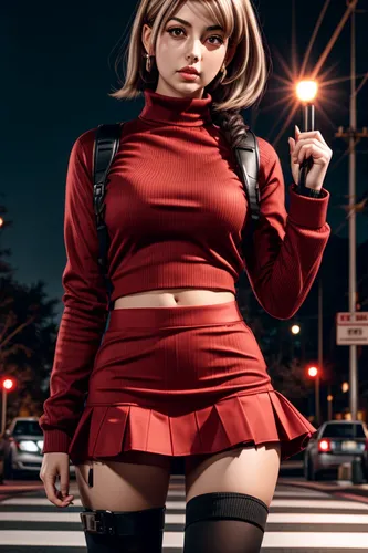 harley quinn,cosplay image,retro woman,red,red tunic,stop light,anime japanese clothing,persona,lady in red,retro girl,scarlet witch,city trans,red milan,traffic lamp,traffic cop,dark red,retro women,harley,ayu,rockabella