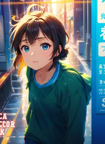 movie poster,an anime character standing in a street,kawamori,banagher,hibiya,junpei,hiro,makoto,Anime,Anime,Realistic