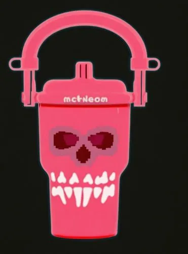 杯身上有骷髅贴纸,a pink ice bucket with teeth and mouth on it,melchiot,meldola,meego,melkote,metacafe,metamatic