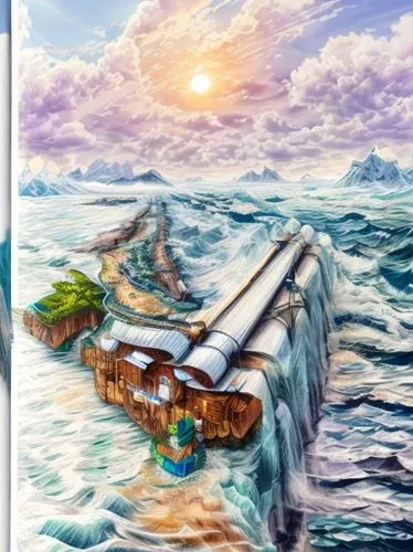 world digital painting,boat landscape,sea fantasy,landscape background,fantasy picture,phoenix boat,fantasy landscape,sea landscape,boat rapids,cartoon video game background,water boat,ocean background,studio ghibli,sea sailing ship,backgrounds,game illustration,colored pencil background,3d fantasy,mermaid background,floating huts