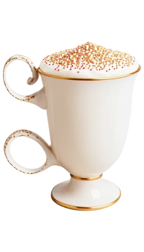 Eggnog cup, festive holiday drink, creamy white texture, golden brown liquid, sprinkles of nutmeg, steam rising, ornate cup handle, delicate saucer, warm lighting, shallow depth of field, 3/4 composit